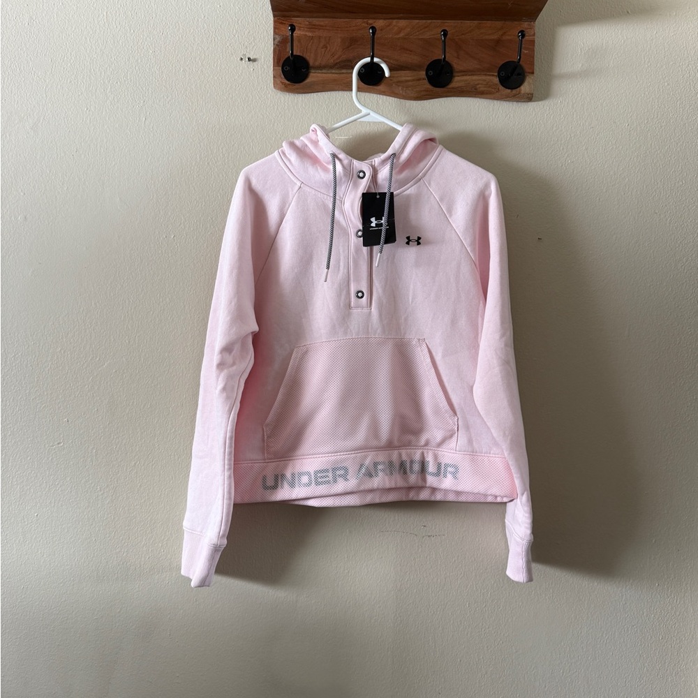 NWT Under Armour Pink Button Snap Mesh Hoodie Sweatshirt Size M Loose Fit Active